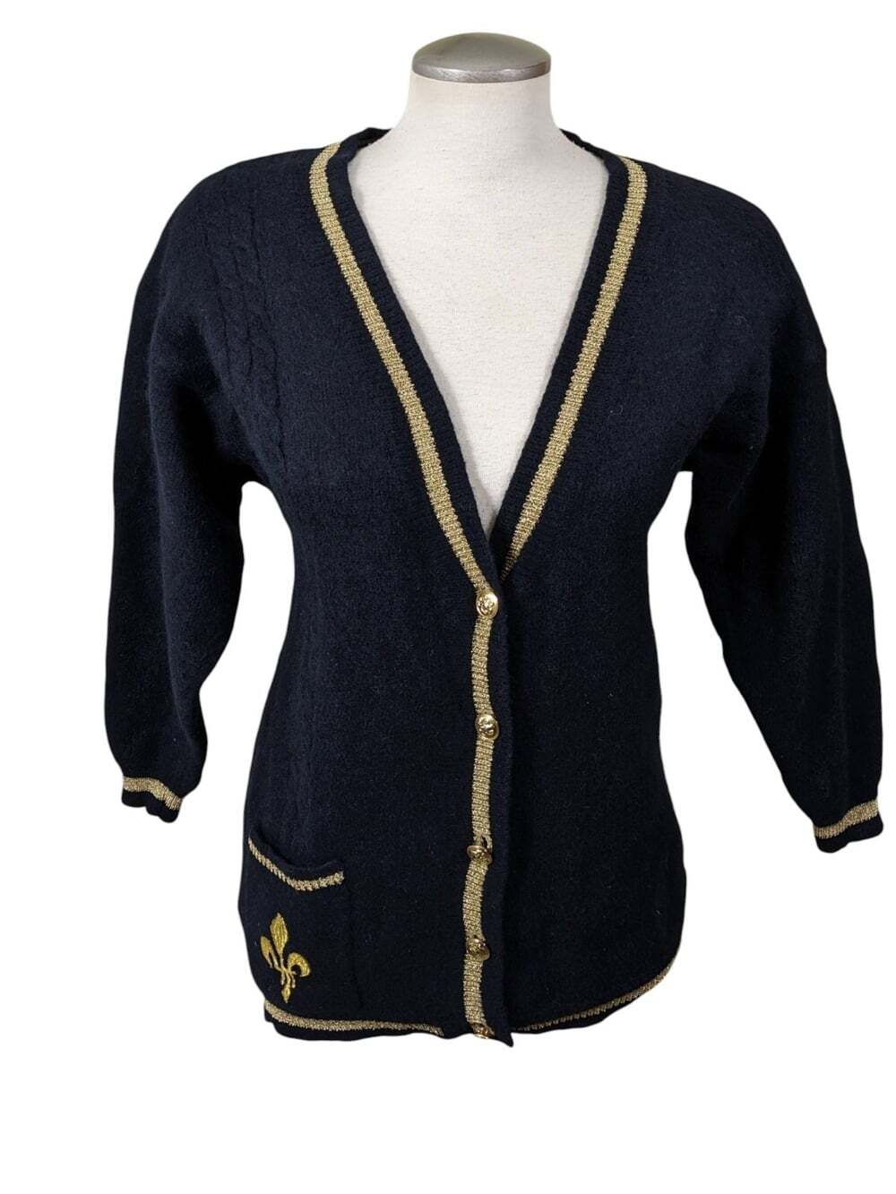 Karen Scott Womens M Vintage Wool Angora Blend Gold Sparkle Trim Black Cardigan